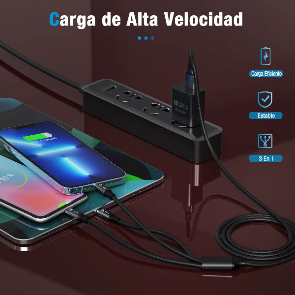 1HORA Cable 3 en 1 V8/IP/Tipo C (1 METRO) - CAB259
