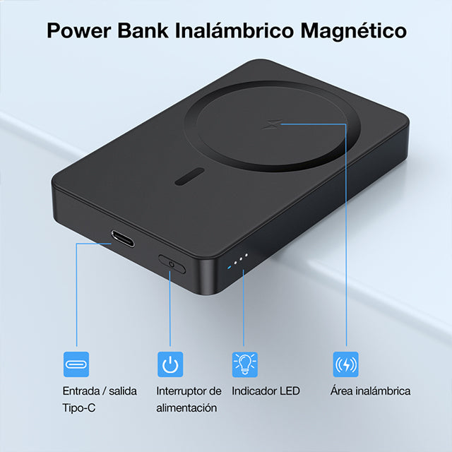 1HORA Batería Portátil Magnético Inalámbrico Con cable USB-C 5000mAh GAR276