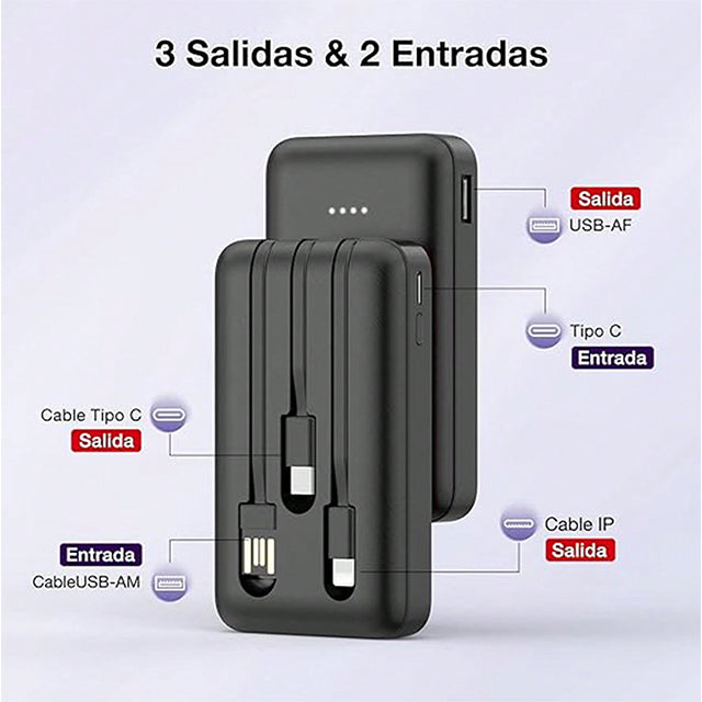 1HORA Power bank 5000mAh Cargador portátil Batería Portátil 3 En 1 gar261