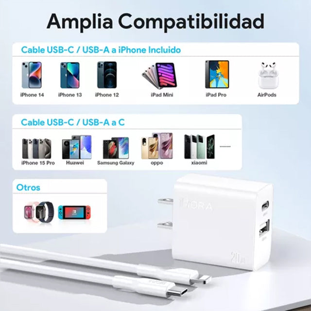 1HORA Cargador doble puerto tipo C a Iphone 20W GAR163