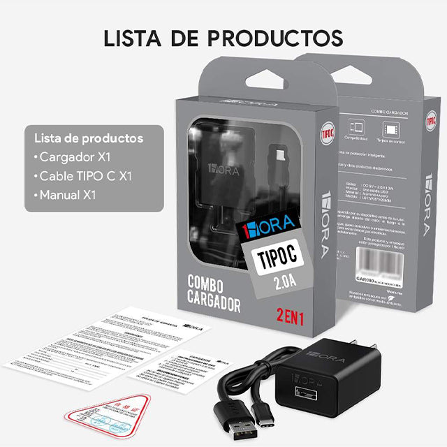 1HORA Combo cargador tipo C 2.0A - GAR080