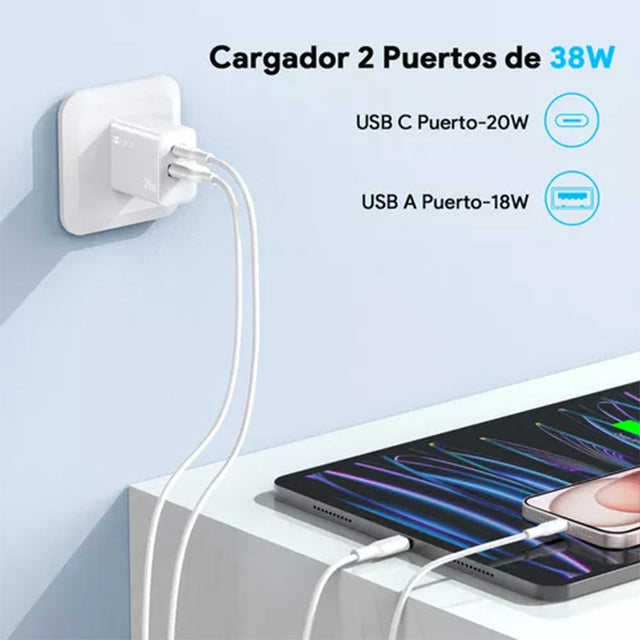1HORA Cargador 2 En 1 Carga Rápida 20w Salida Dual + Cable Tipo C GAR162