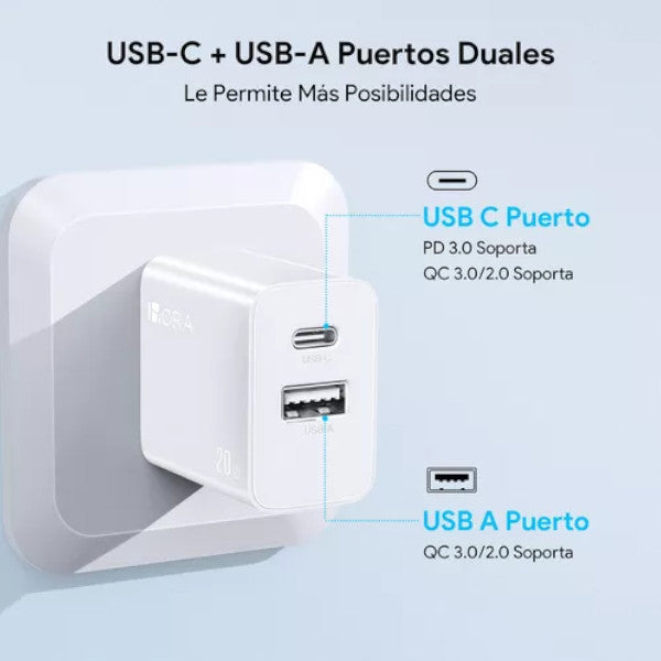 1HORA Cargador Carga Rápida Salida Dual Usb+c 20w GAR161