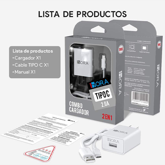 1HORA Combo cargador tipo C 2.0A - GAR080
