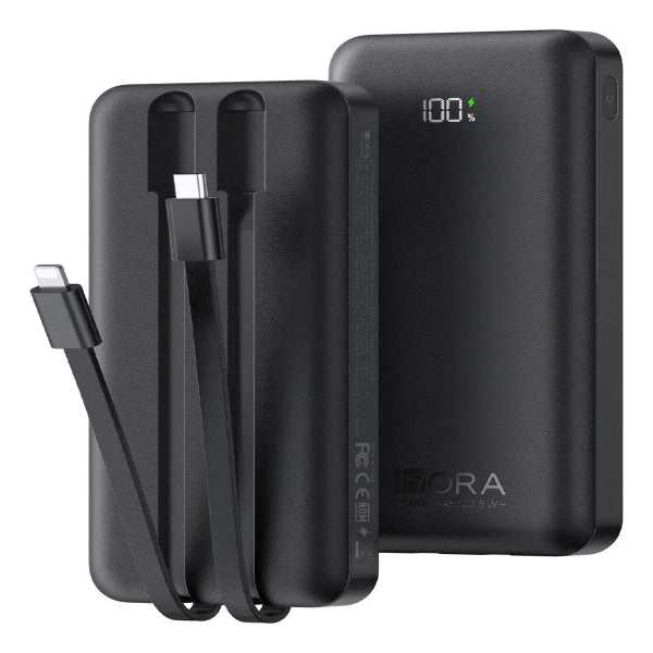 1HORA Power Bank Batería Portátil 10000mah Carga Rapida 22.5w, Con Built In 2 Cables Ip Tipo C