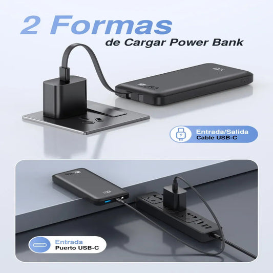 1HORA Power Bank Batería Portátil 10000mah Carga Rapida 22.5w, Con Built In 2 Cables Ip Tipo C