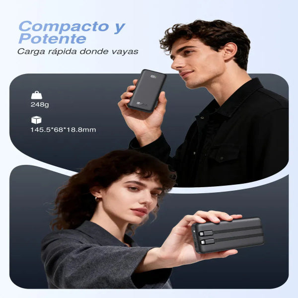 1HORA Power Bank Batería Portátil 10000mah Carga Rapida 22.5w, Con Built In 2 Cables Ip Tipo C